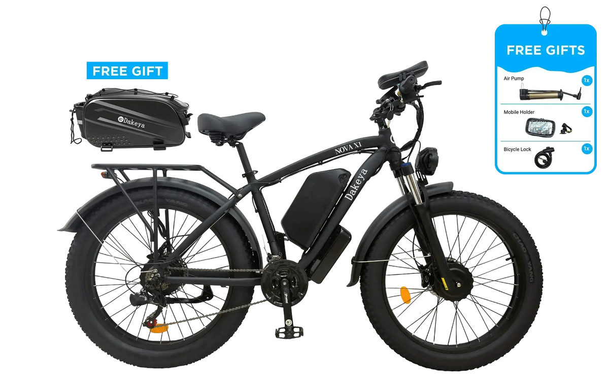 Dakeya NOVA X1 dual-motor fat-tire e-bike prepared for a pre-ride safety inspection
