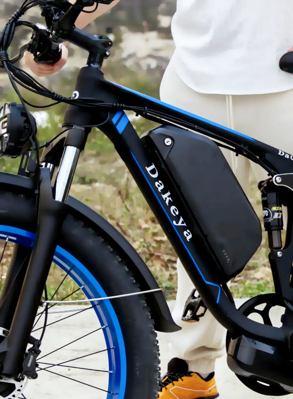 Detailed view of Dakeya electric bike battery and tire