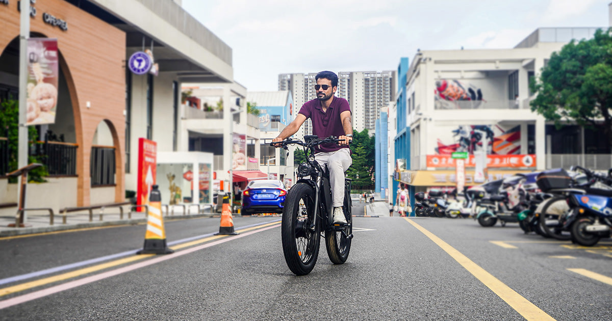 Futuristic eBike with advanced features in an urban landscape