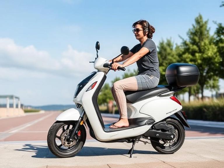 Helmeted rider on a white step-through scooter on a paved road