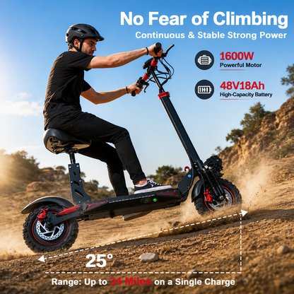 J11 Electric Scooter 1200W Foldable Off-Road eScooter, 48V 18Ah, 33 MPH, 37-Mile Range