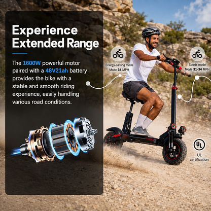 J11 Electric Scooter 1200W Foldable Off-Road eScooter, 48V 18Ah, 33 MPH, 37-Mile Range