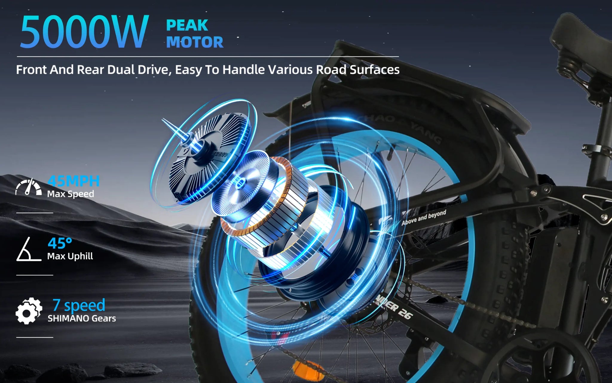 Finder 26 Fat Tire Electric Bike – Dual 5000W Motors | 45 MPH, 65-75 Mile Range