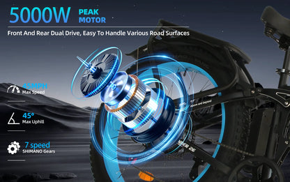 Finder 26 Fat Tire Electric Bike – Dual 5000W Motors | 45 MPH, 65-75 Mile Range